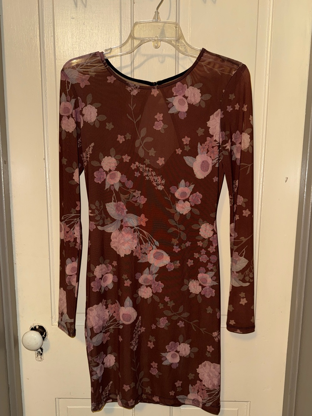 Floral Long-Sleeve semi sheer Bodycon Dress in Brown